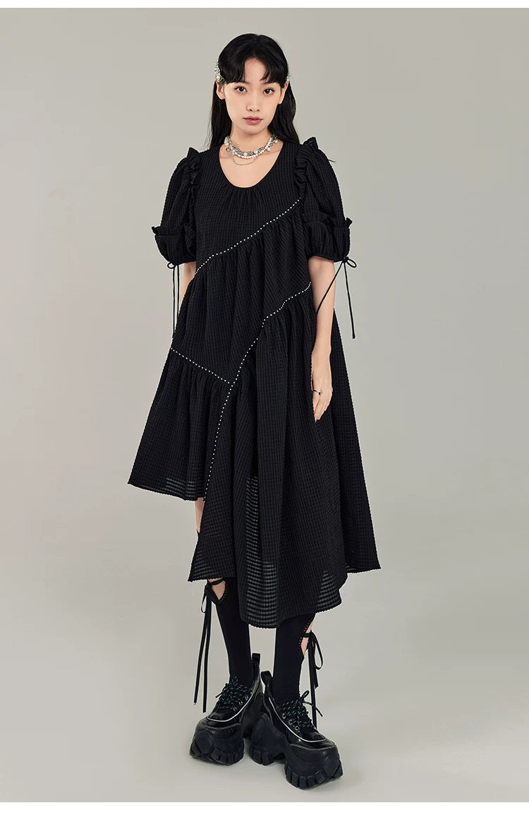 Jacquard Design Short Sleeve Dress With Irregular Hem Length
