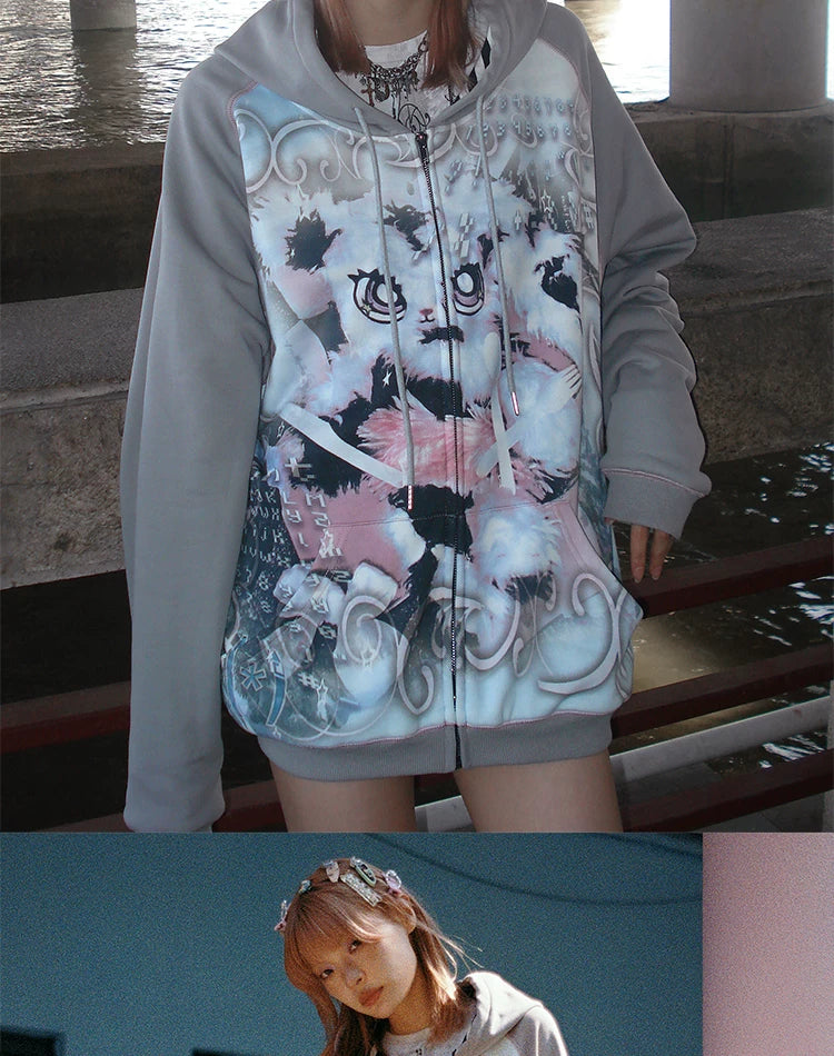 Sweat à capuche oversize à motif lapin avec fermeture éclair