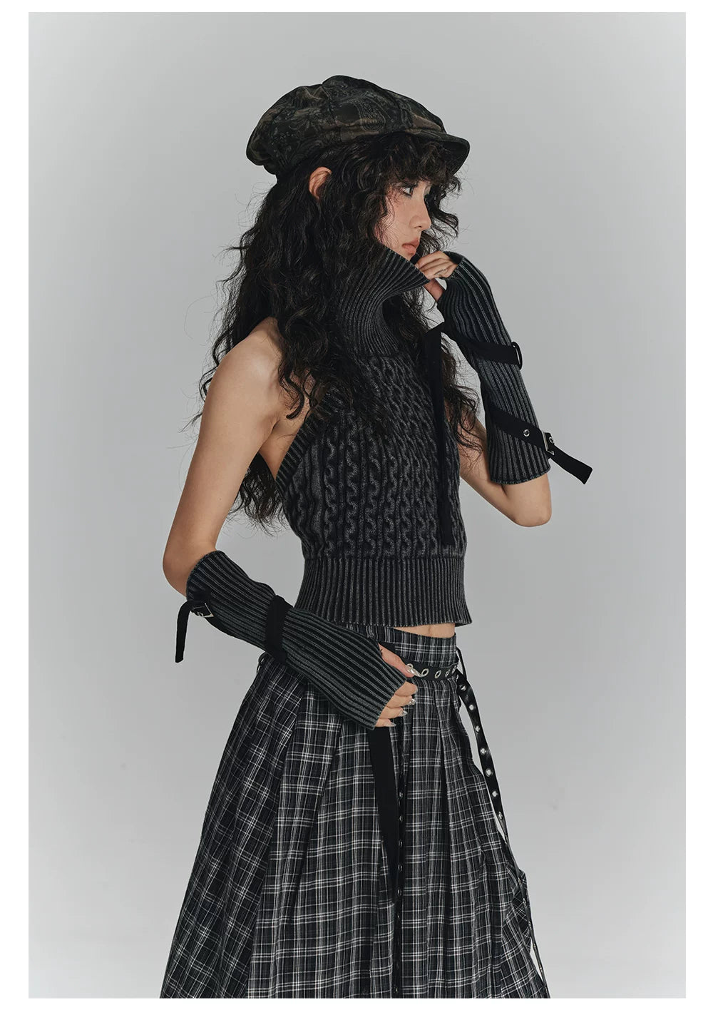 High-Neck Sleeveless Lace-Up Backless Knit Sweater & Arm Warmers