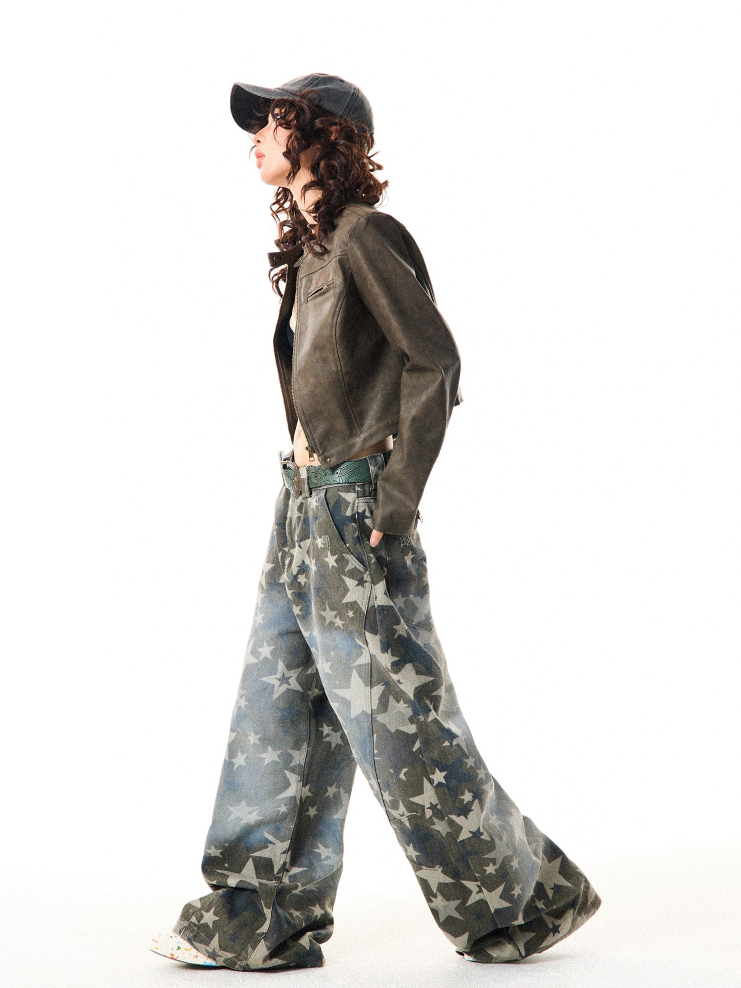 Star Print Damage Wide Leg Denim Jeans