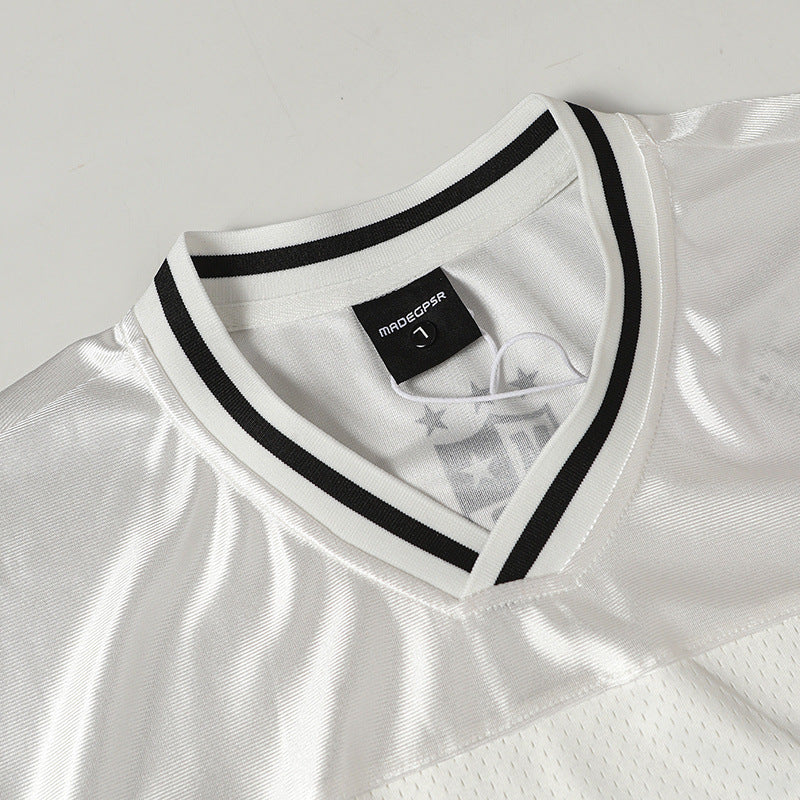 Satin Racing Print V-Neck Oversize Short Sleeve T-Shirt