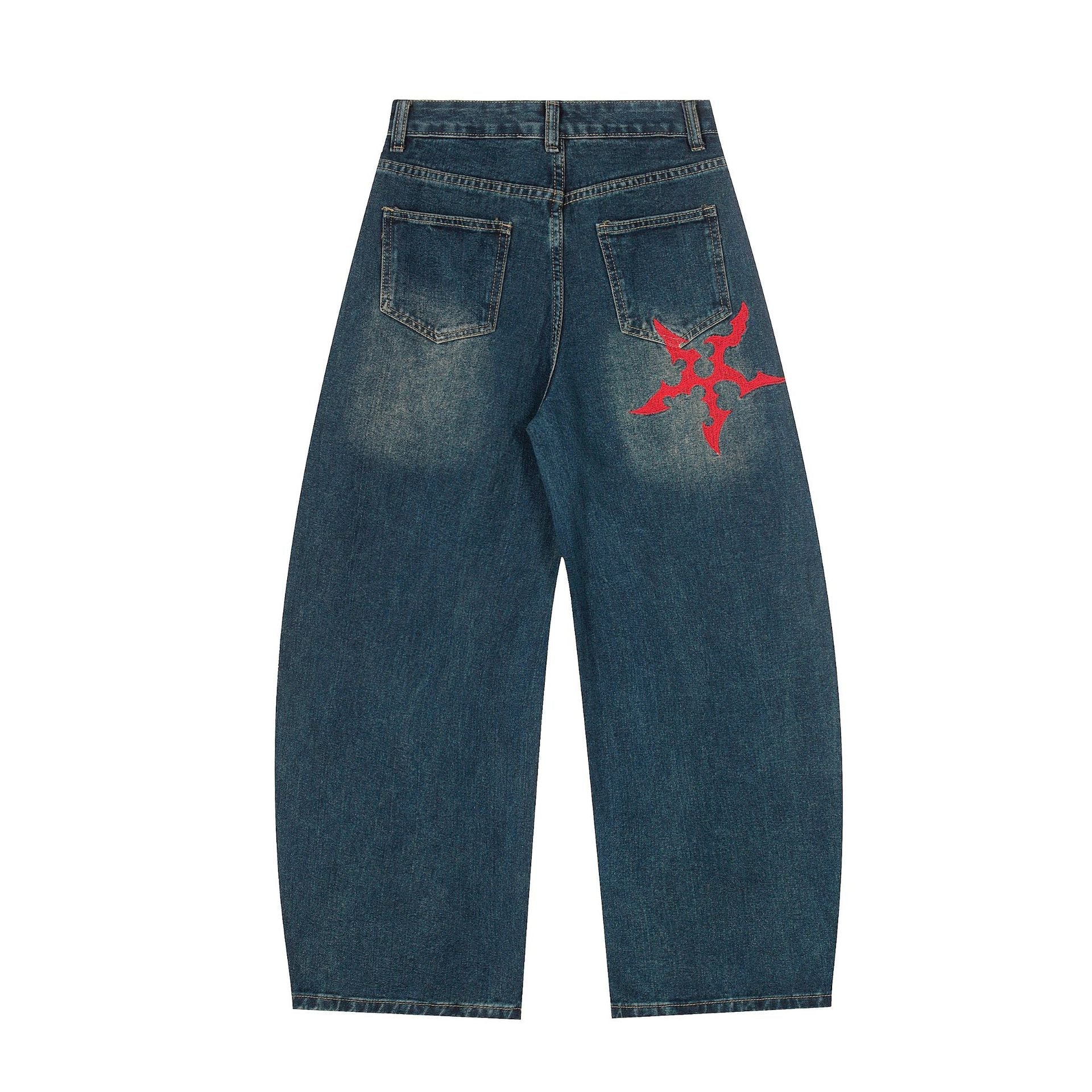 Washed Tribal Print Wide Leg Denim Jeans