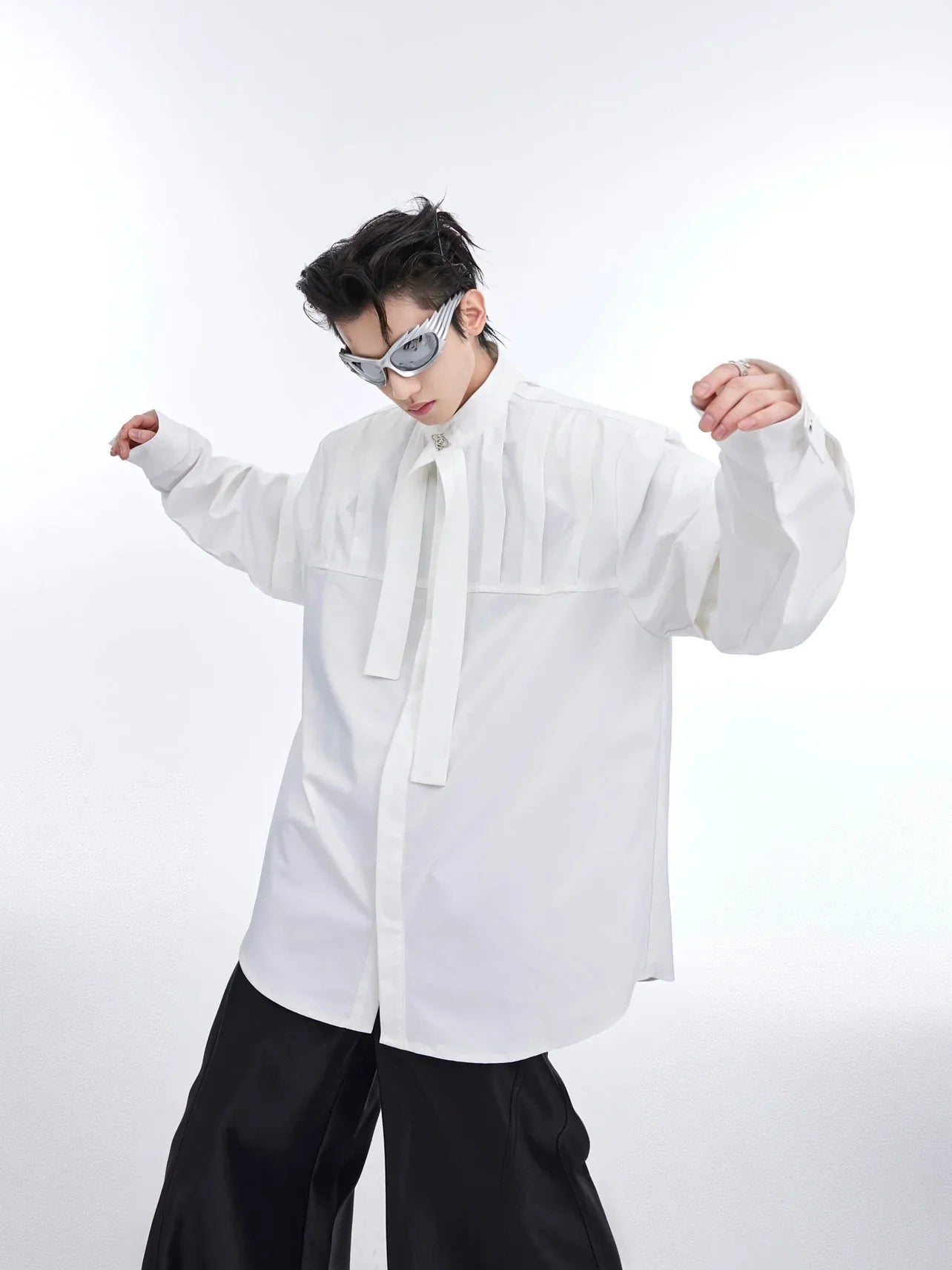 Ribbon Design Pleat Oversize Long Sleeve Shirt