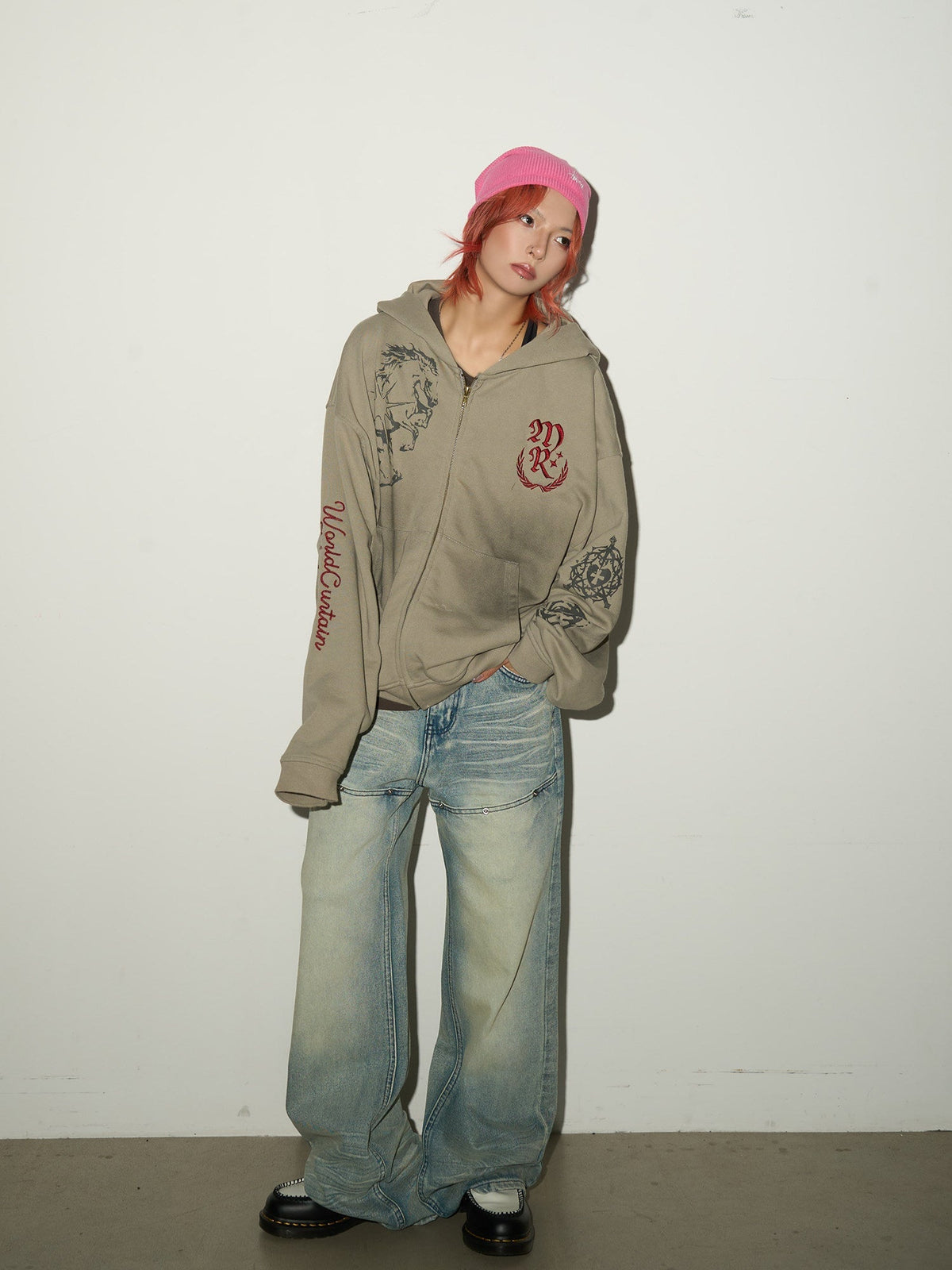 Embroidery Damage Zipper Hoodie