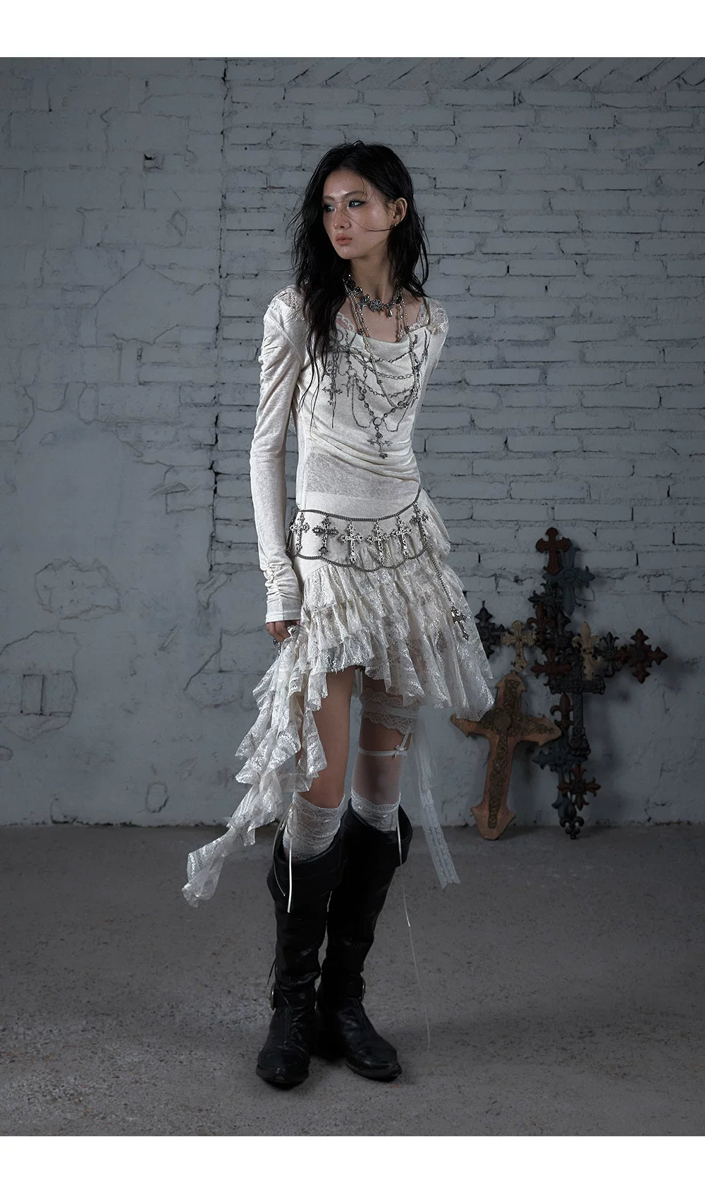 Lace Hooded Asymmetric Ruffle Dress