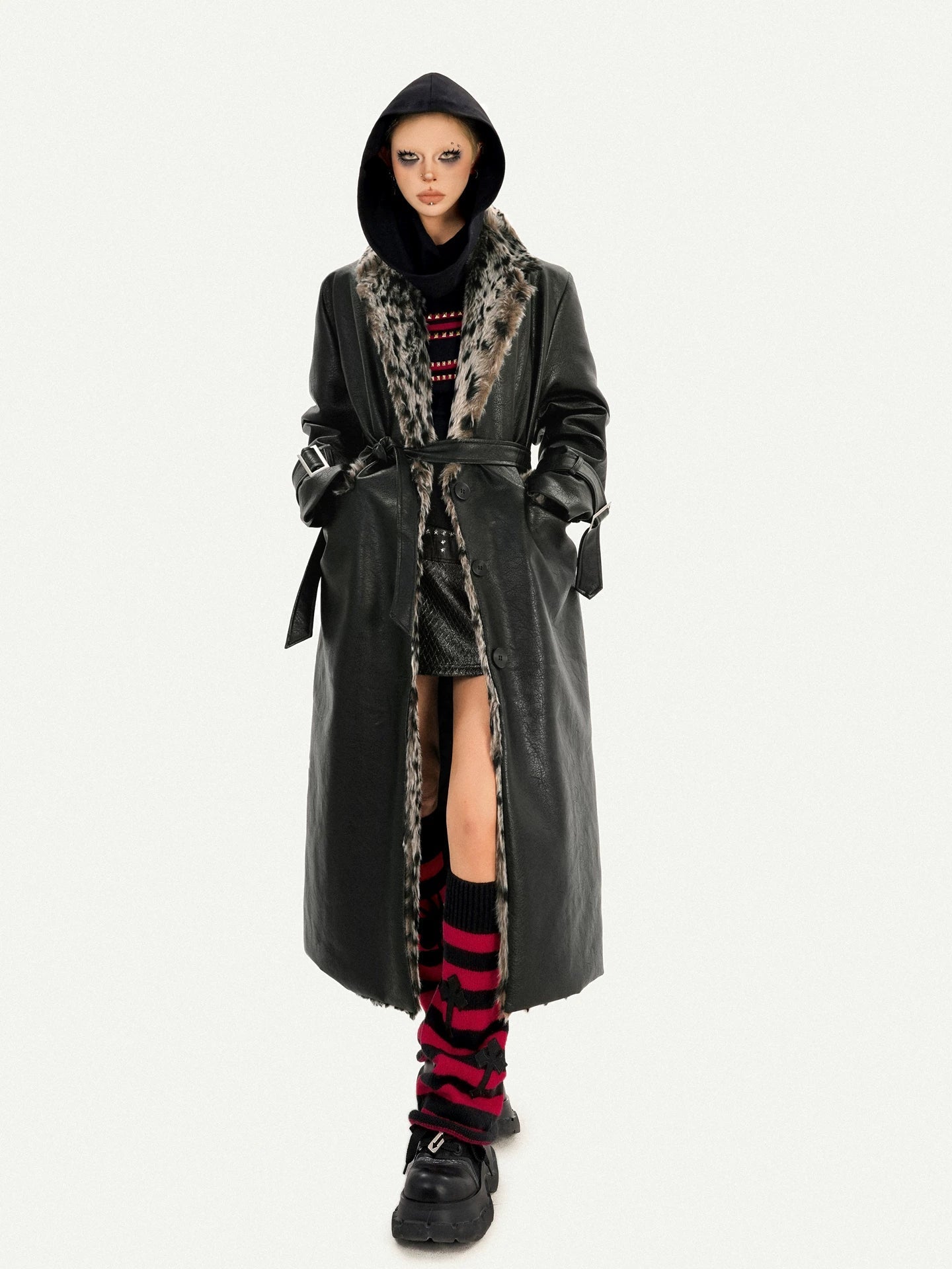 Leopard Print Fake Fur Collar Oversize Coat