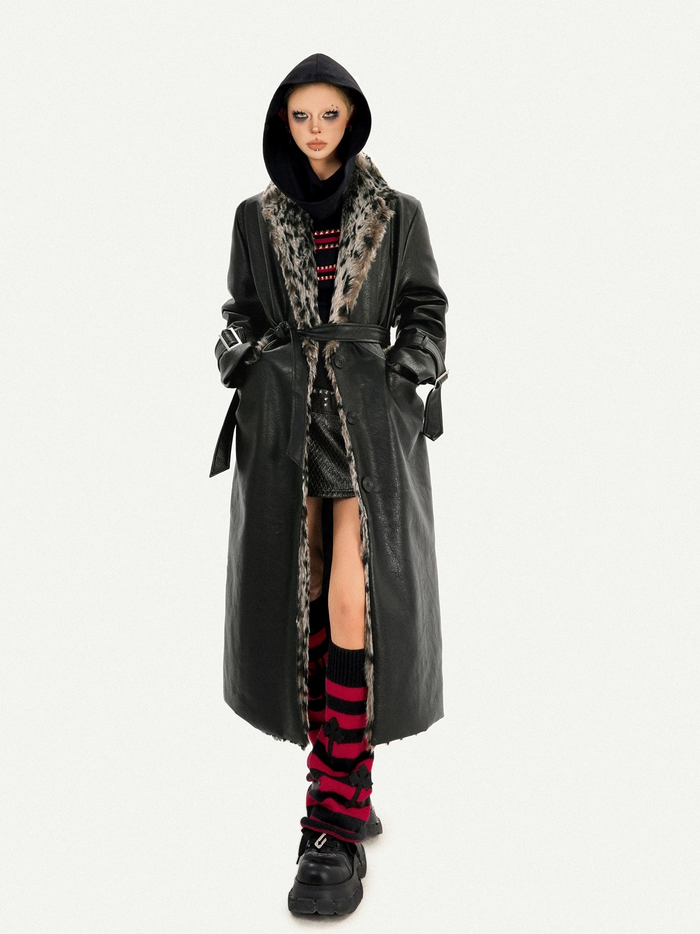 Leopard Print Fake Fur Collar Oversize Coat