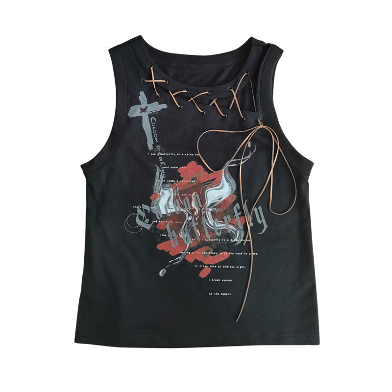 Tie-Strap Graphic Print Tank Top