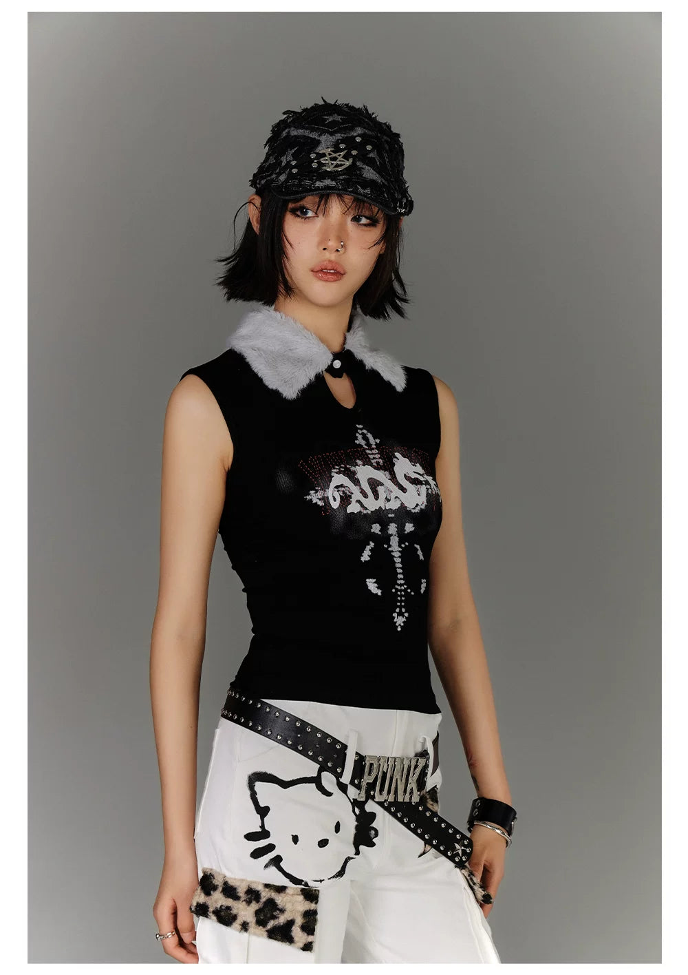 Fake Fur Collar Ribbed Graphic Print Sleeveless T-Shirt