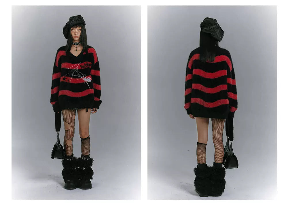 Mohair Spider Pattern Stripe Oversize V-Neck Knit Sweater