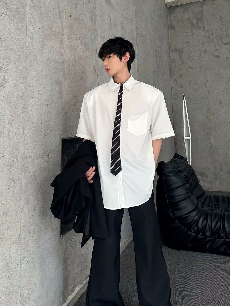 Shoulder-Pad Tie Patchwork Short Sleeve Shirt