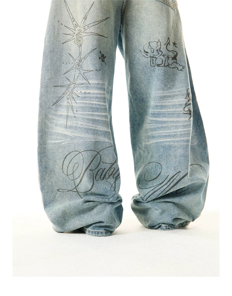 Washed Graffiti Print Wide Leg Denim Jeans