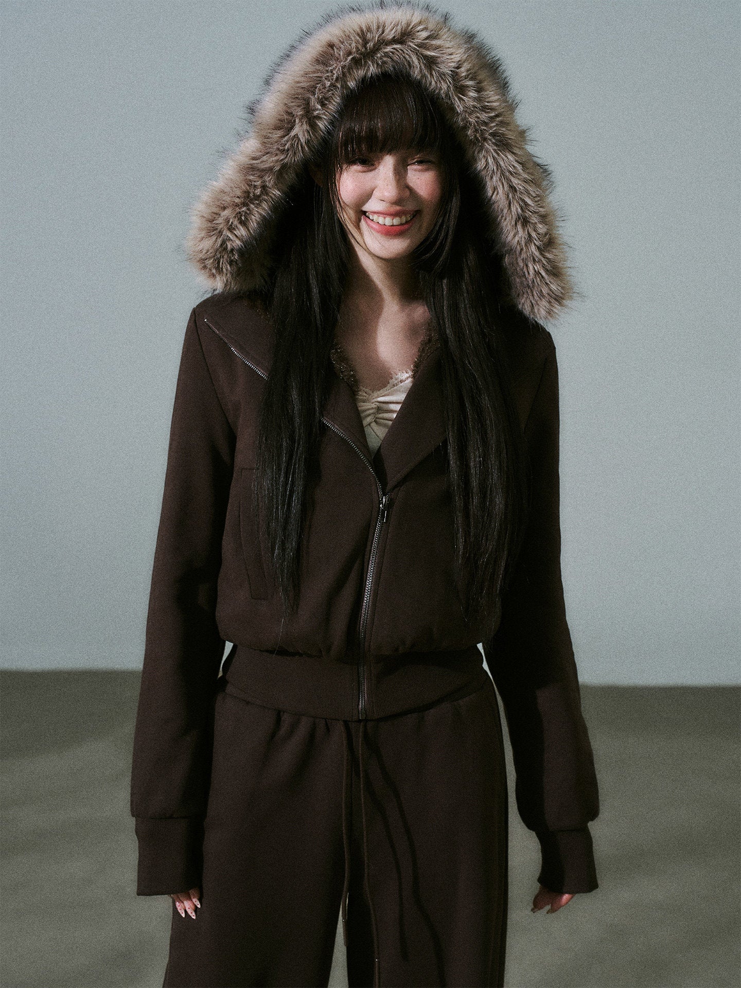 Fake Fur Hooded Zip-Up Jacket & Seatpants Setup