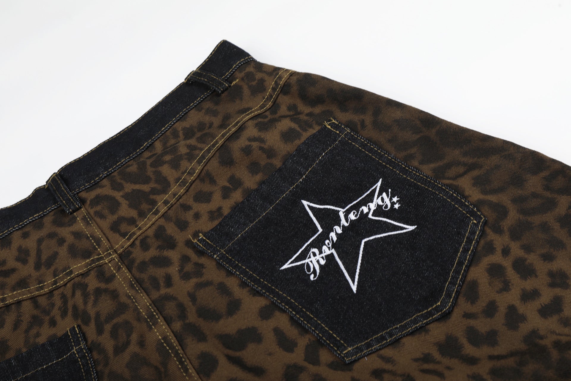 Leopard Print Curved Wide Leg Denim Jeans