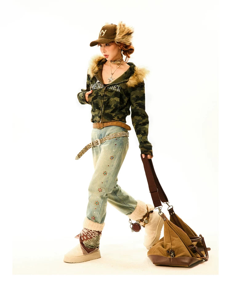 Camouflage Fake Fur Trim Star Patch Zipper Hooded Jacket