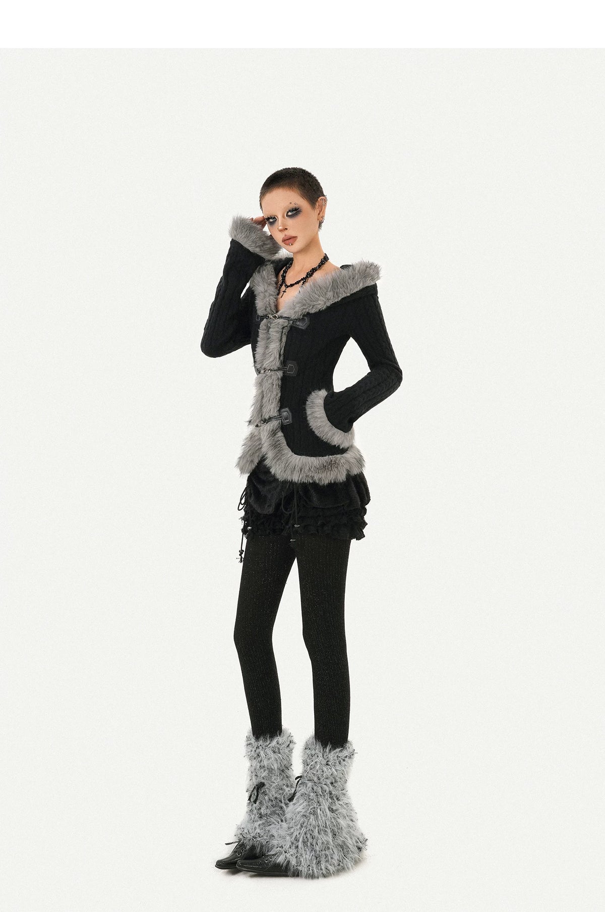 Hooded Fur Collar Fitted Knit Cardigan