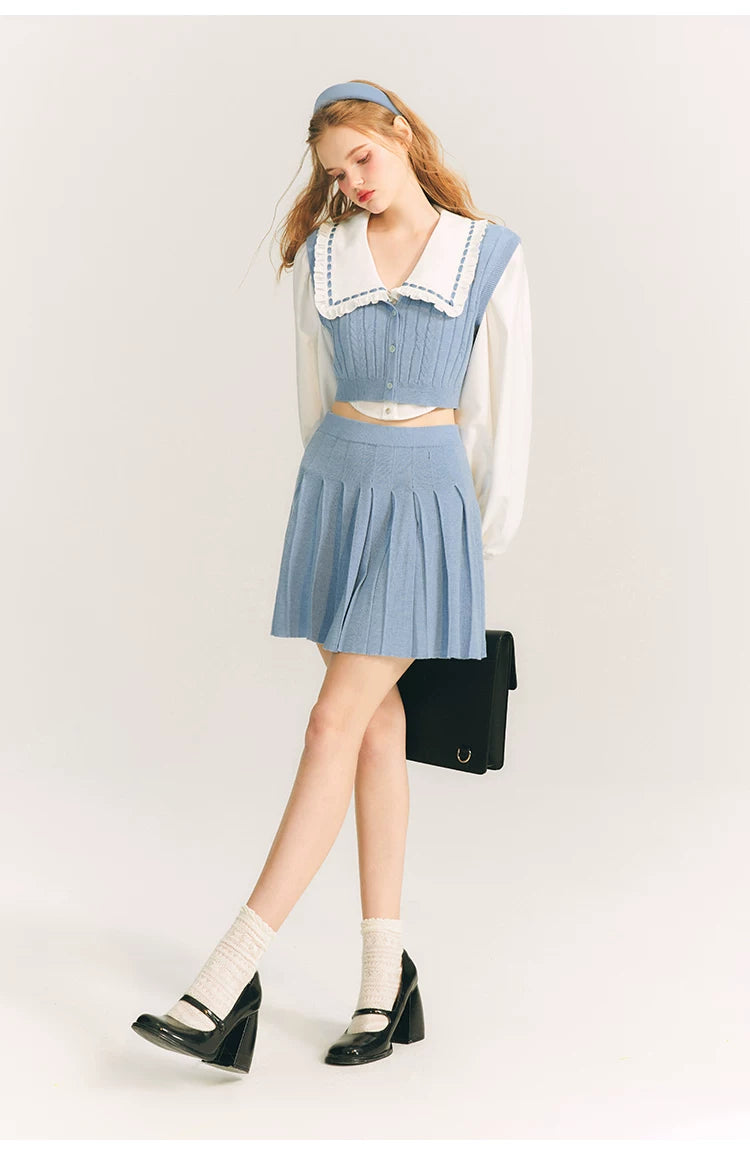 Button Knit Vest & Knit Pleated Skirt Setup