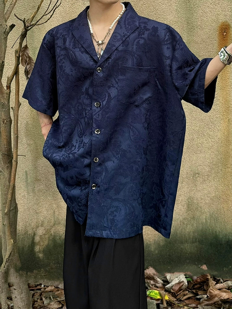 Jacquard Texture Cuban Collar Short Sleeve Shirt