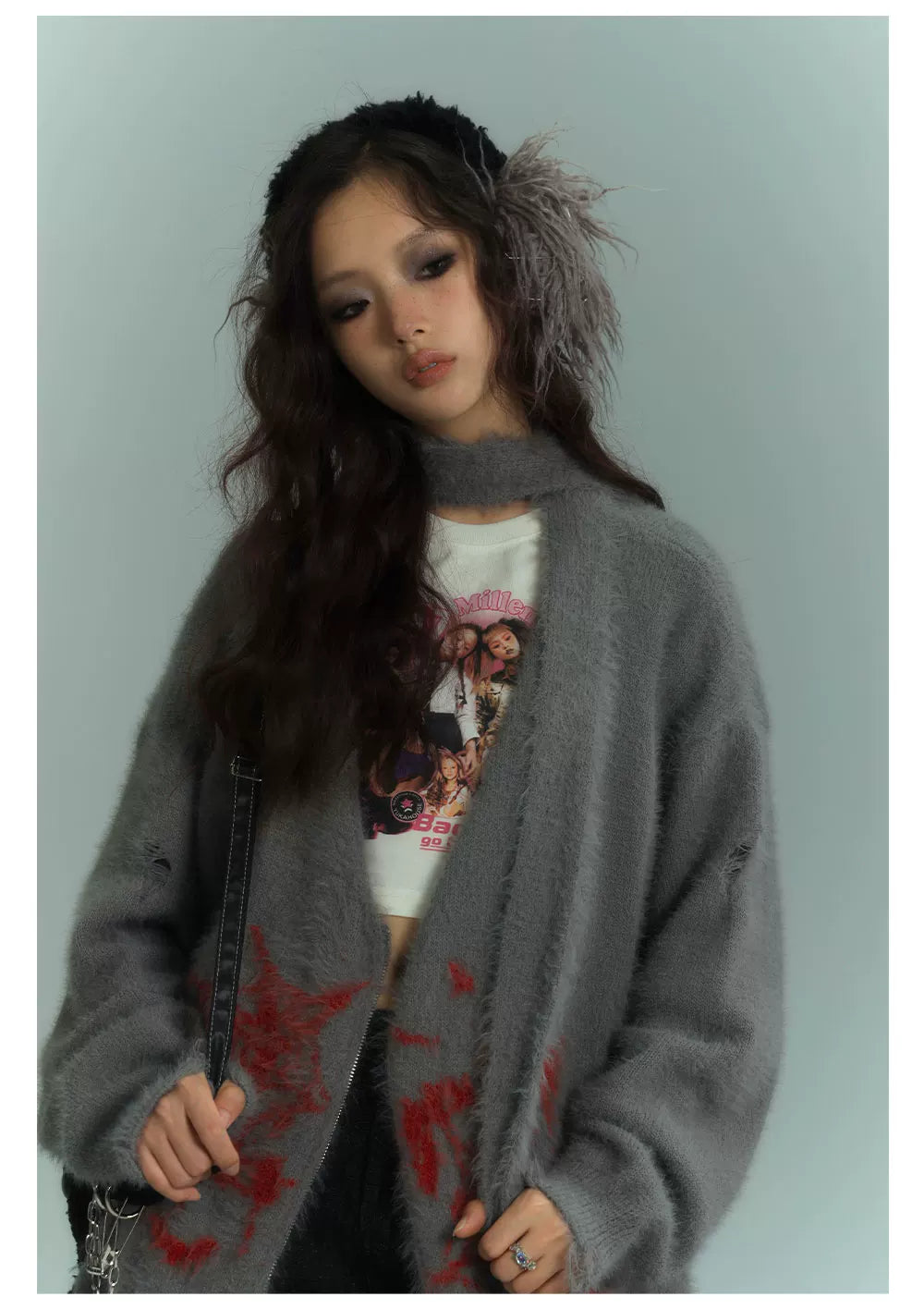V-Neck Fake Mink Damage Zipper Knit Cardigan
