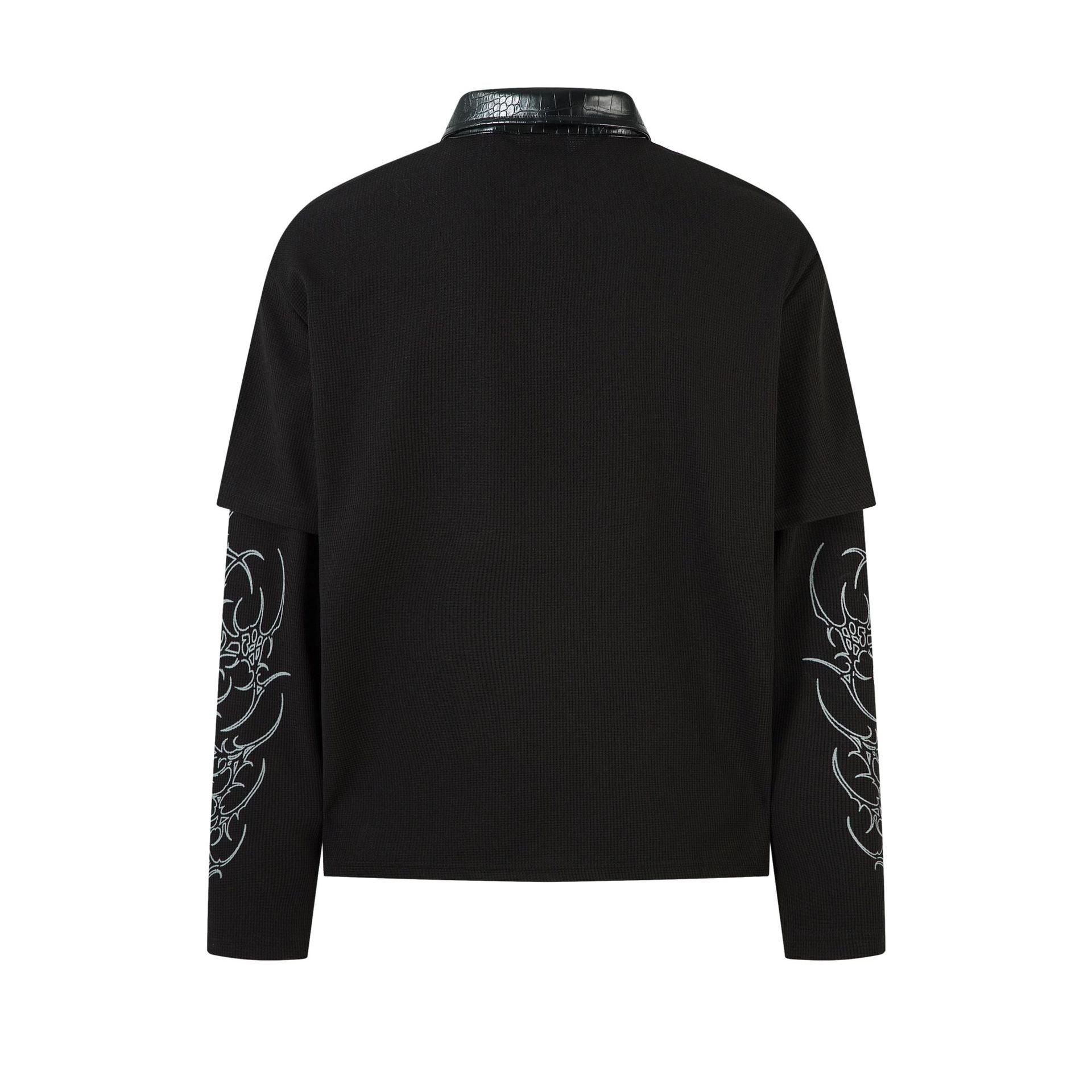 PU Leather Collar Thorn Print Fake Layered Long Sleeve Polo Shirt