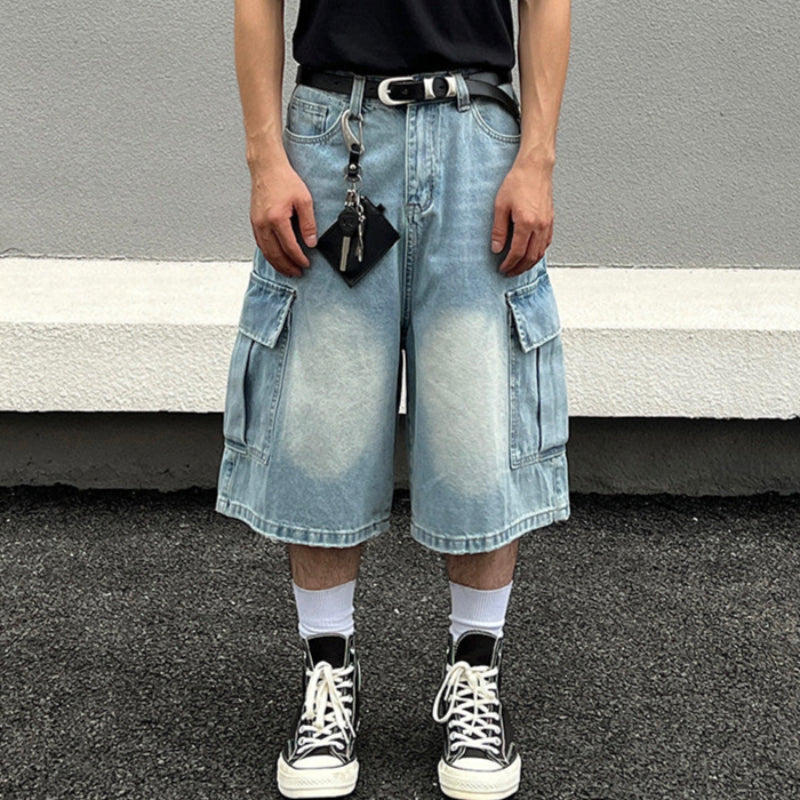 Washed Light Blue Multi-Pocket Wide Leg Denim Short