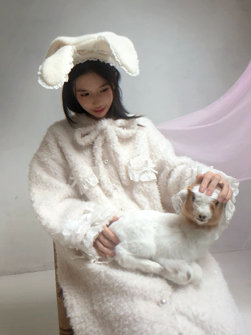 Plush Bow Ruffle Long Coat