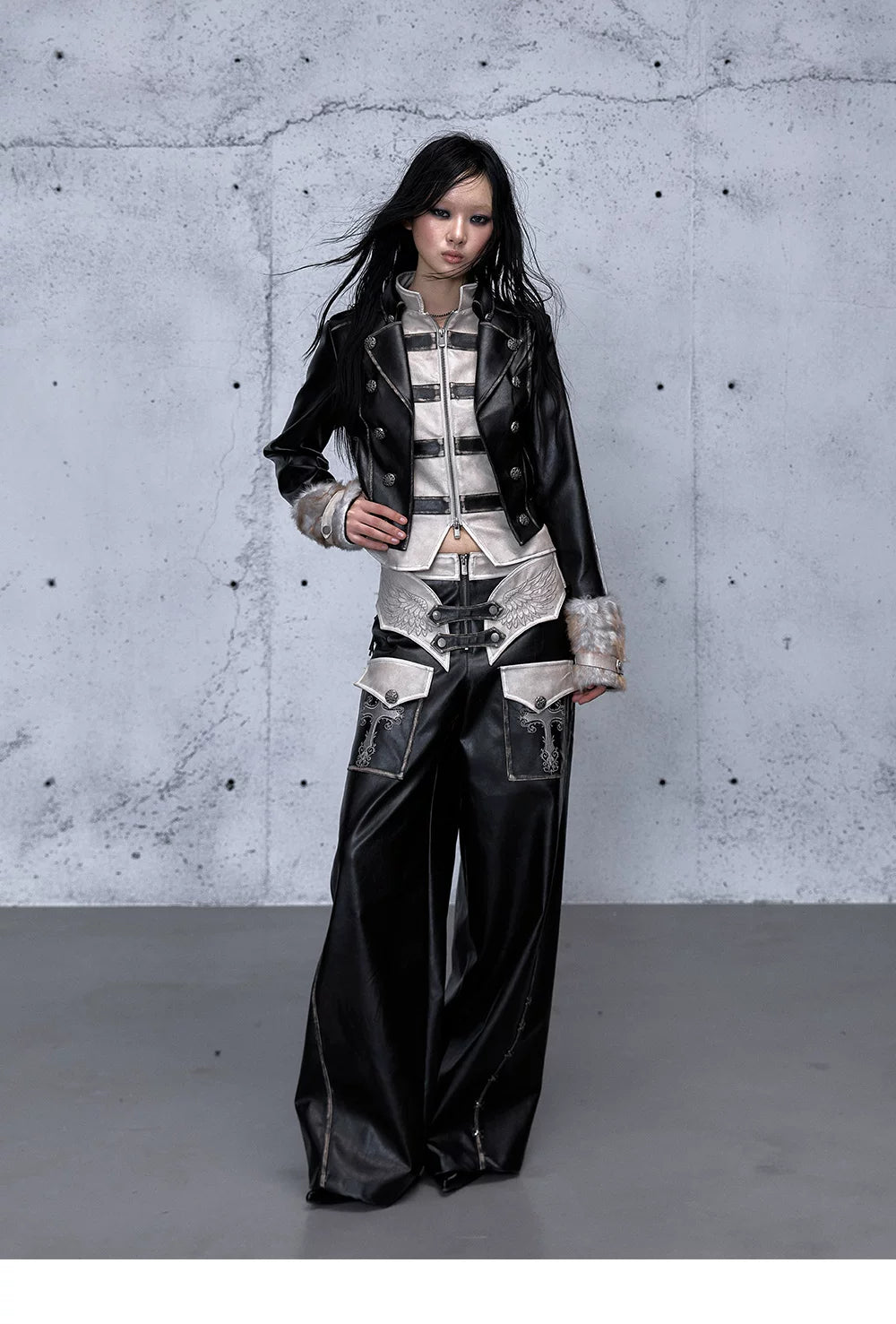 Standing-Collar Belt Detail Fake Fur Cuff PU Leather Jacket