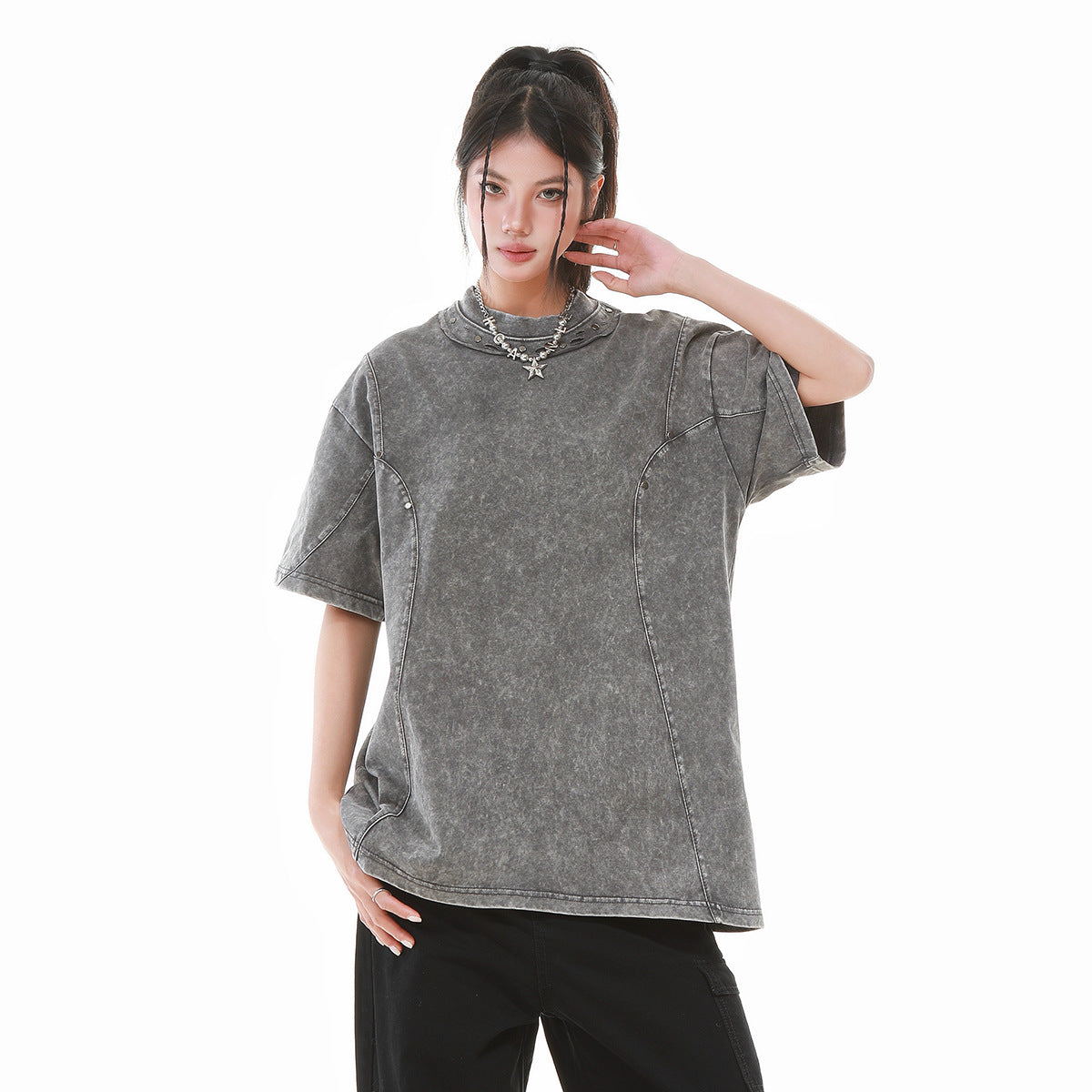 Heavy Washed Fade Stitching Short Sleeve T-Shirt