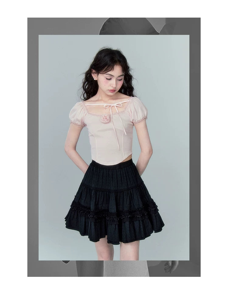 High Waist Jacquard Lace Fluffy Short Skirt