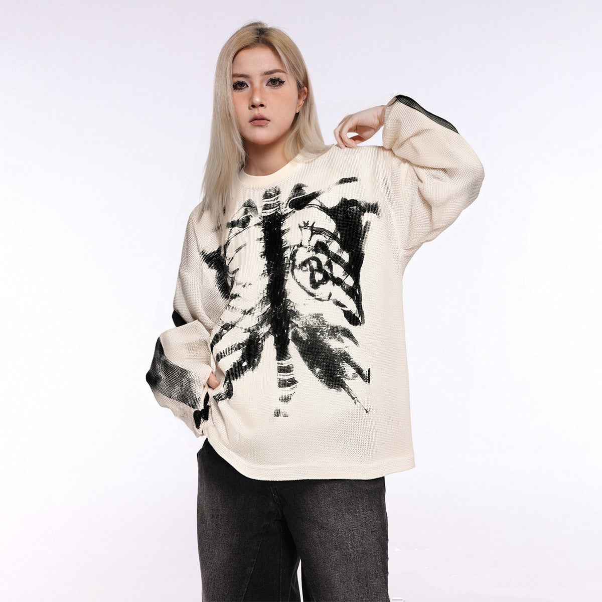 Skeleton Print Waffle Long Sleeve T-Shirt