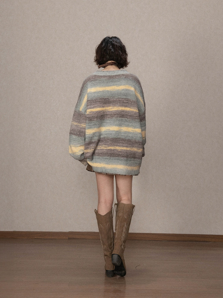 Striped Fuzzy Green Coffee Knit Sweater