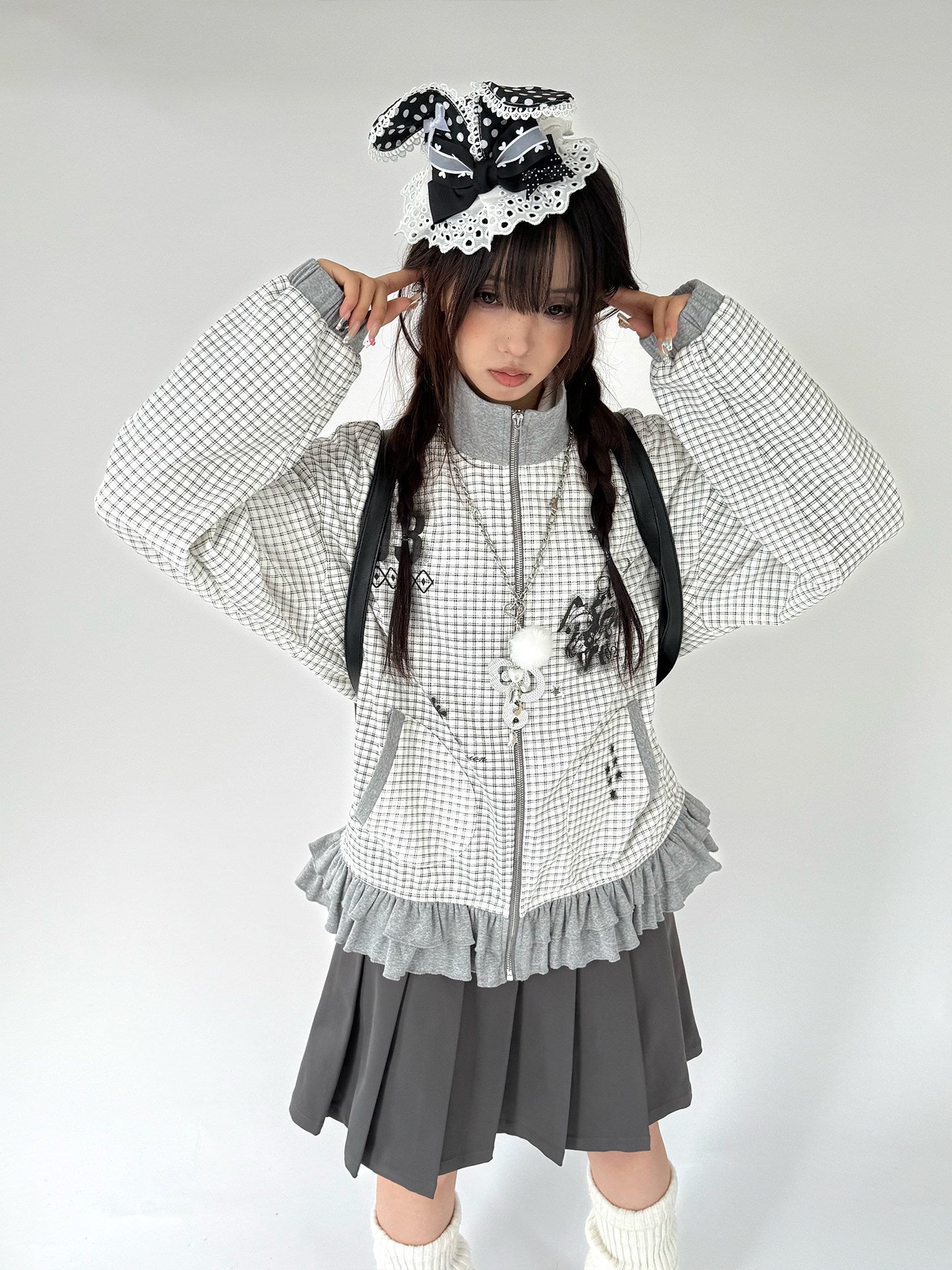 Checkered Ruffle Hem Oversize Zipper Hoodie