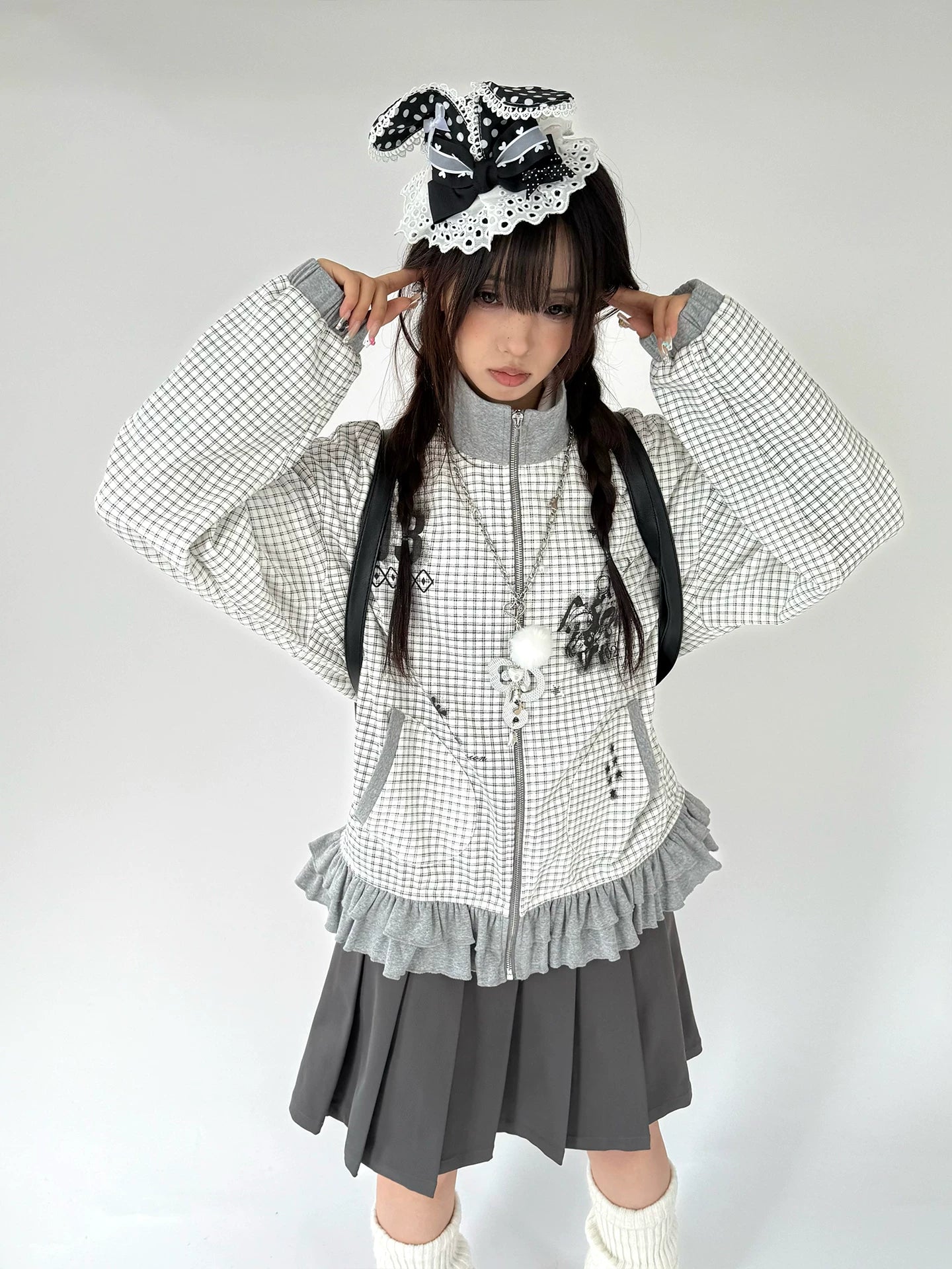 Checkered Ruffle Hem Oversize Zipper Hoodie