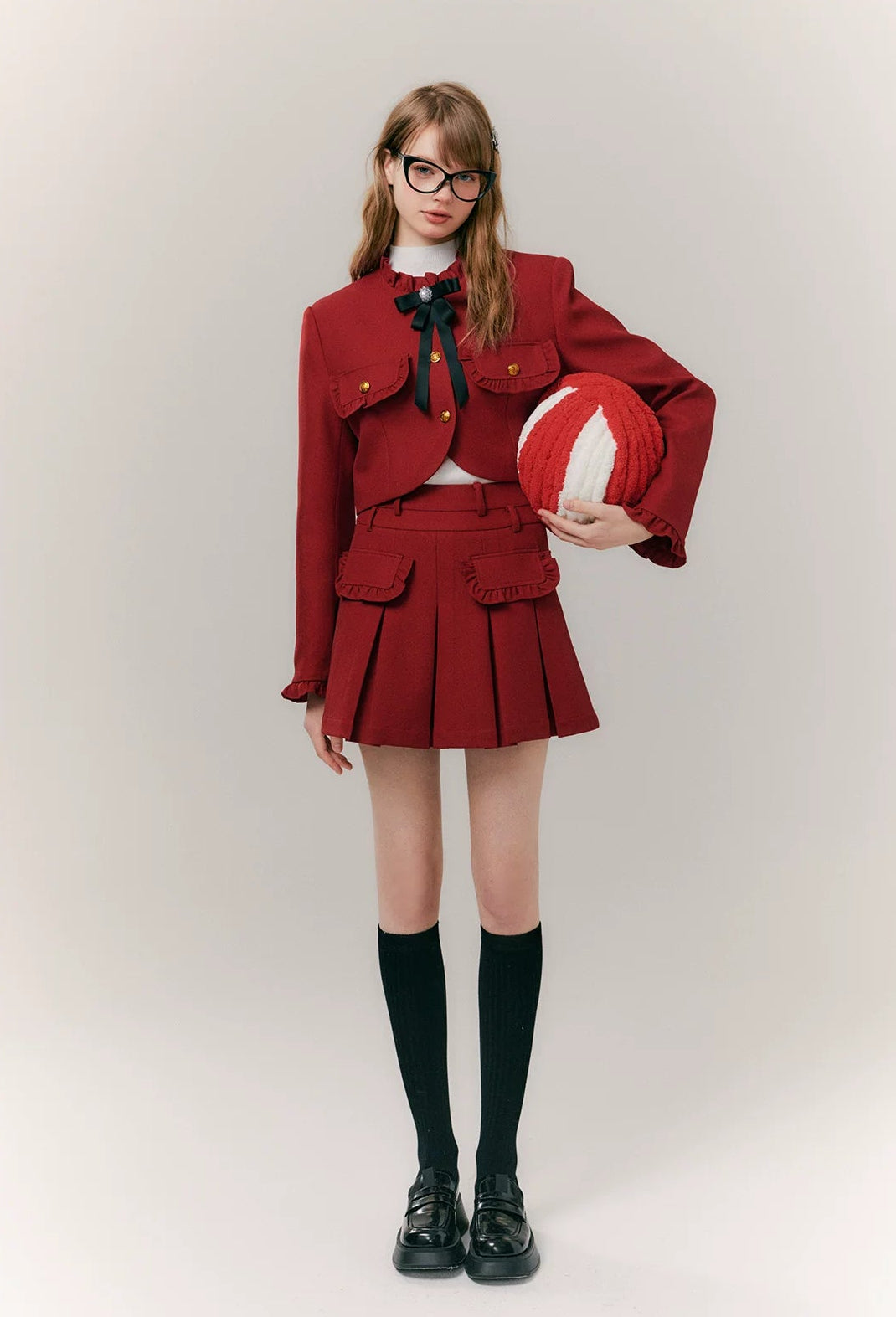 Red Bow-Knot Pleated Skirt & Blazer Jacket Setup