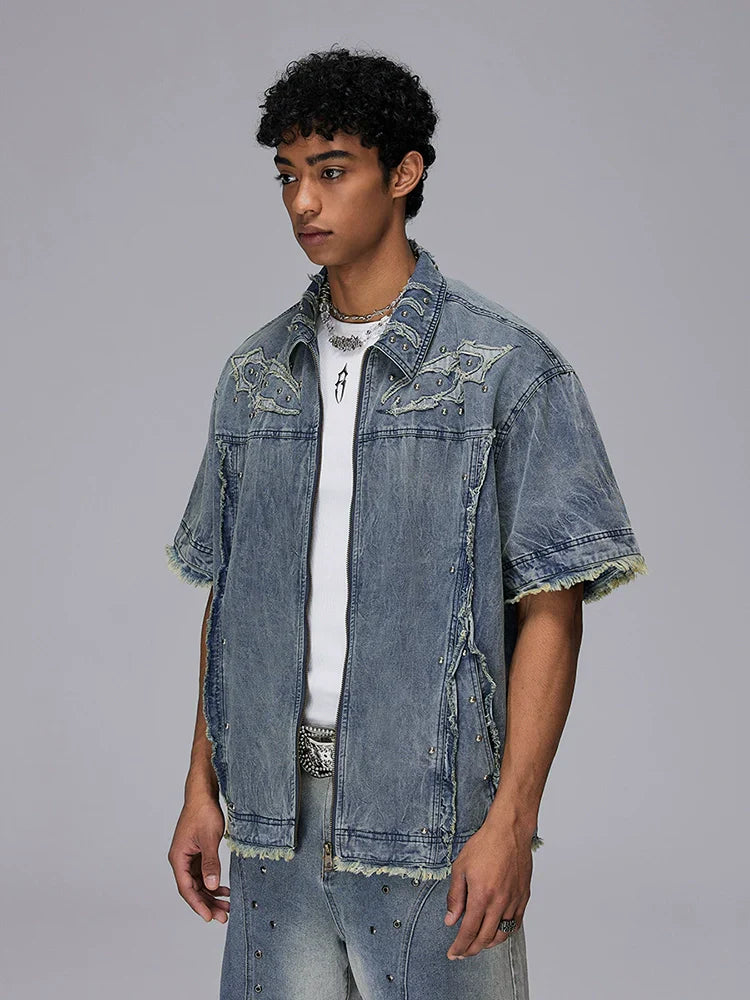 Wave Wash Damage Design Oversize Zipper Short Sleeve Shirt
