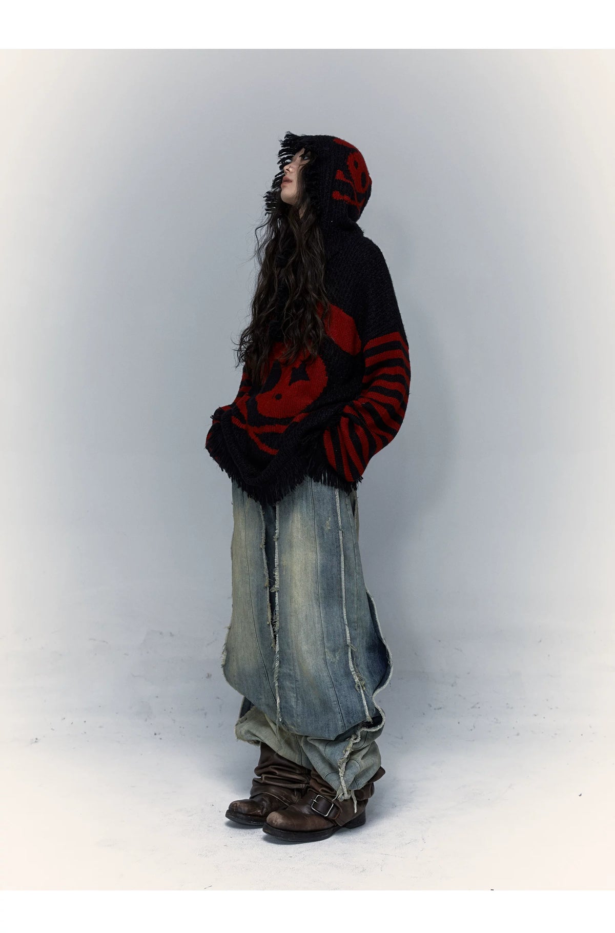 Skull Print Stripe Oversize Knit Hoodie