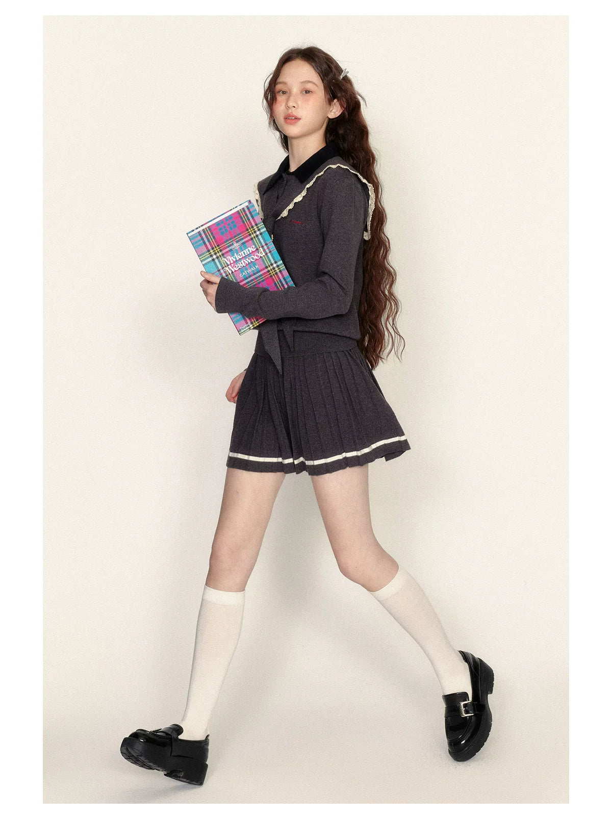 Detachable Sailor Collar Knit Sweater & Pleated Skirt Setup