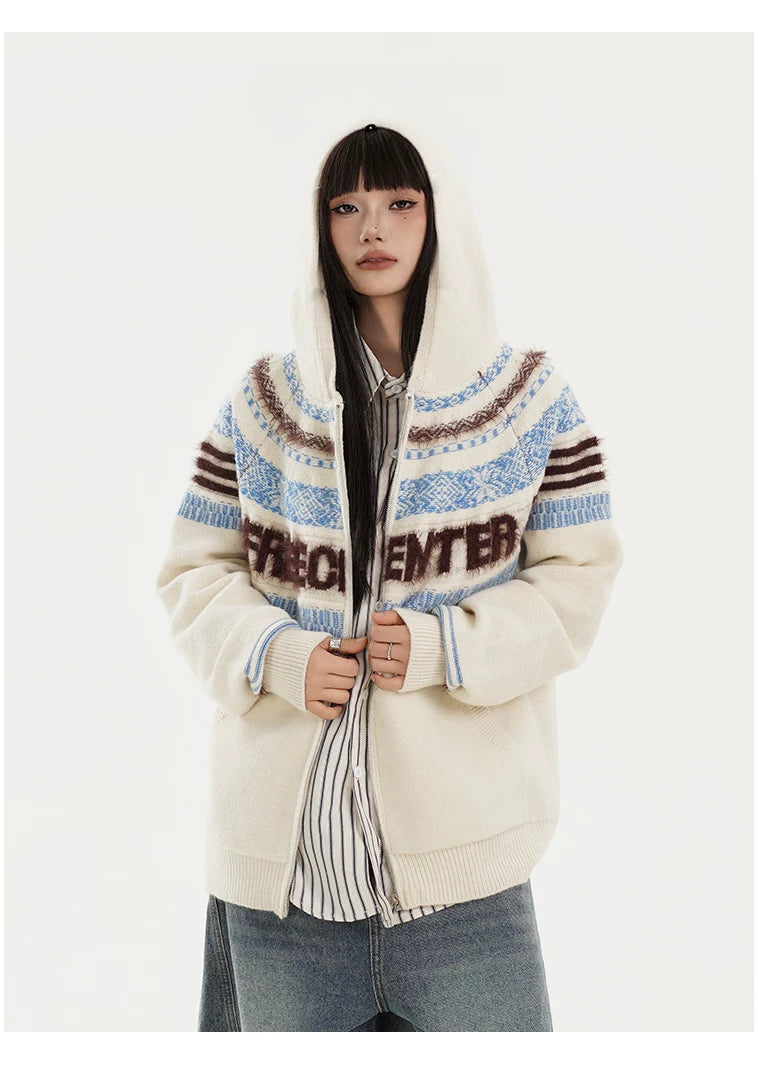 Fair Isle Hooded Detachable Fur Collar Knit Cardigan
