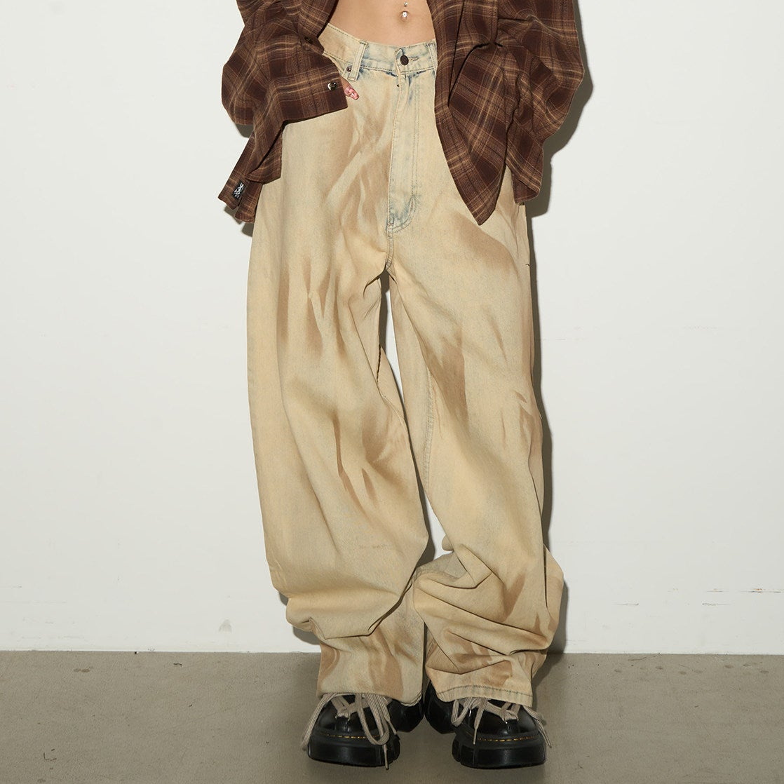 Tie-Dye Washed Damage Wide Leg Denim Jeans