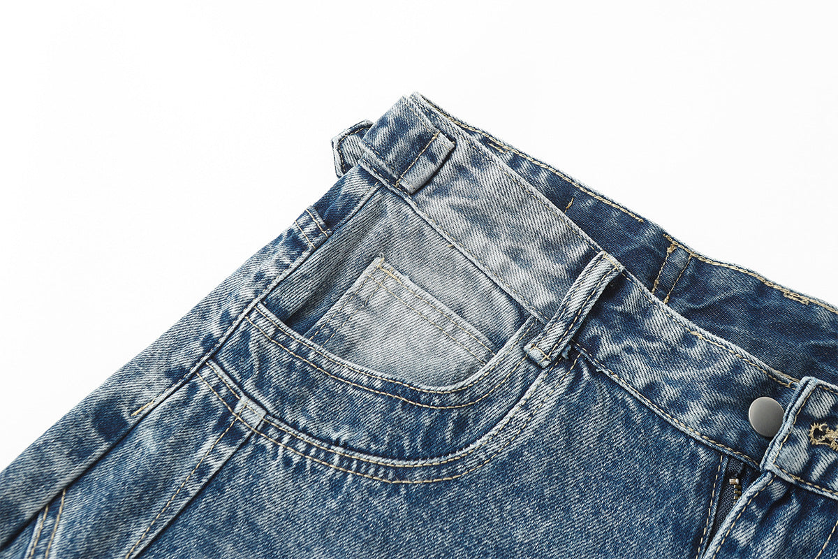 Washed Damage Splice Wide Leg Denim Jeans
