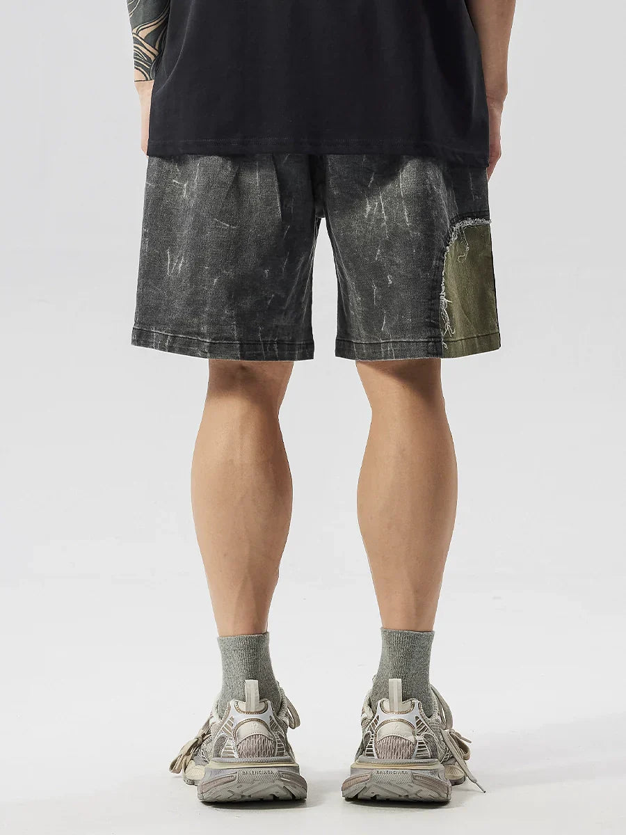 Washed Patchwork Drawstring Wide Leg Short
