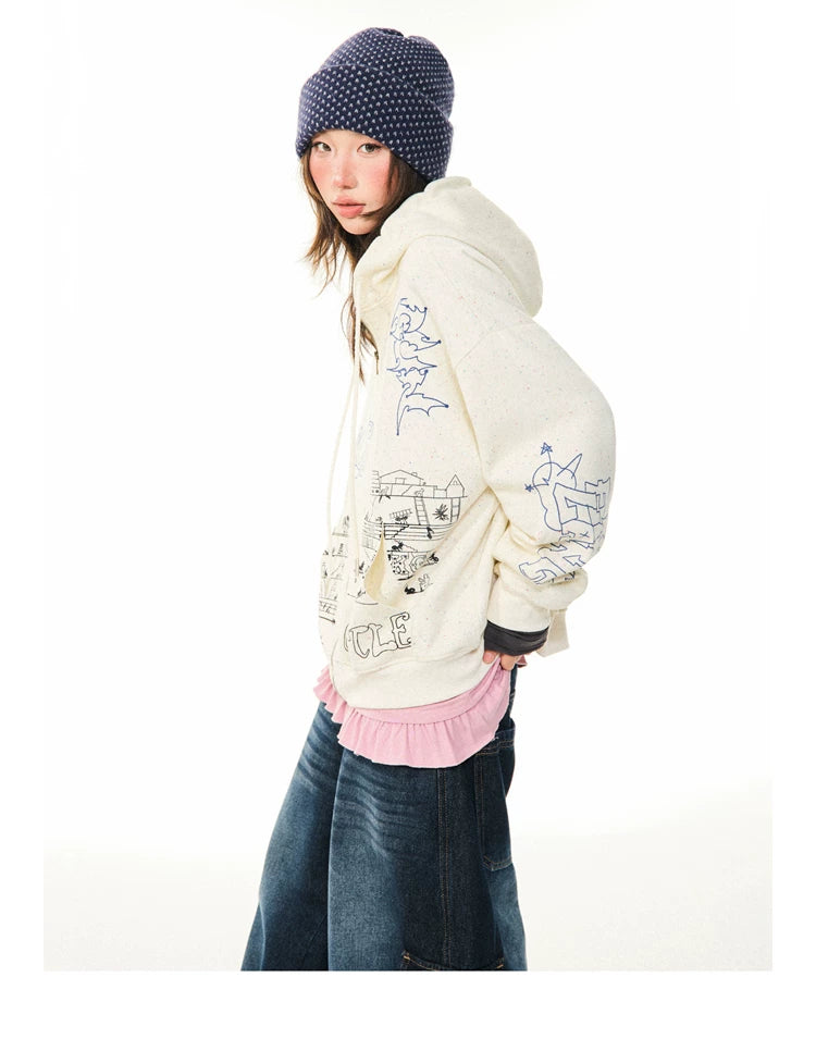 Graphic Print Oversize Zipper Hoodie