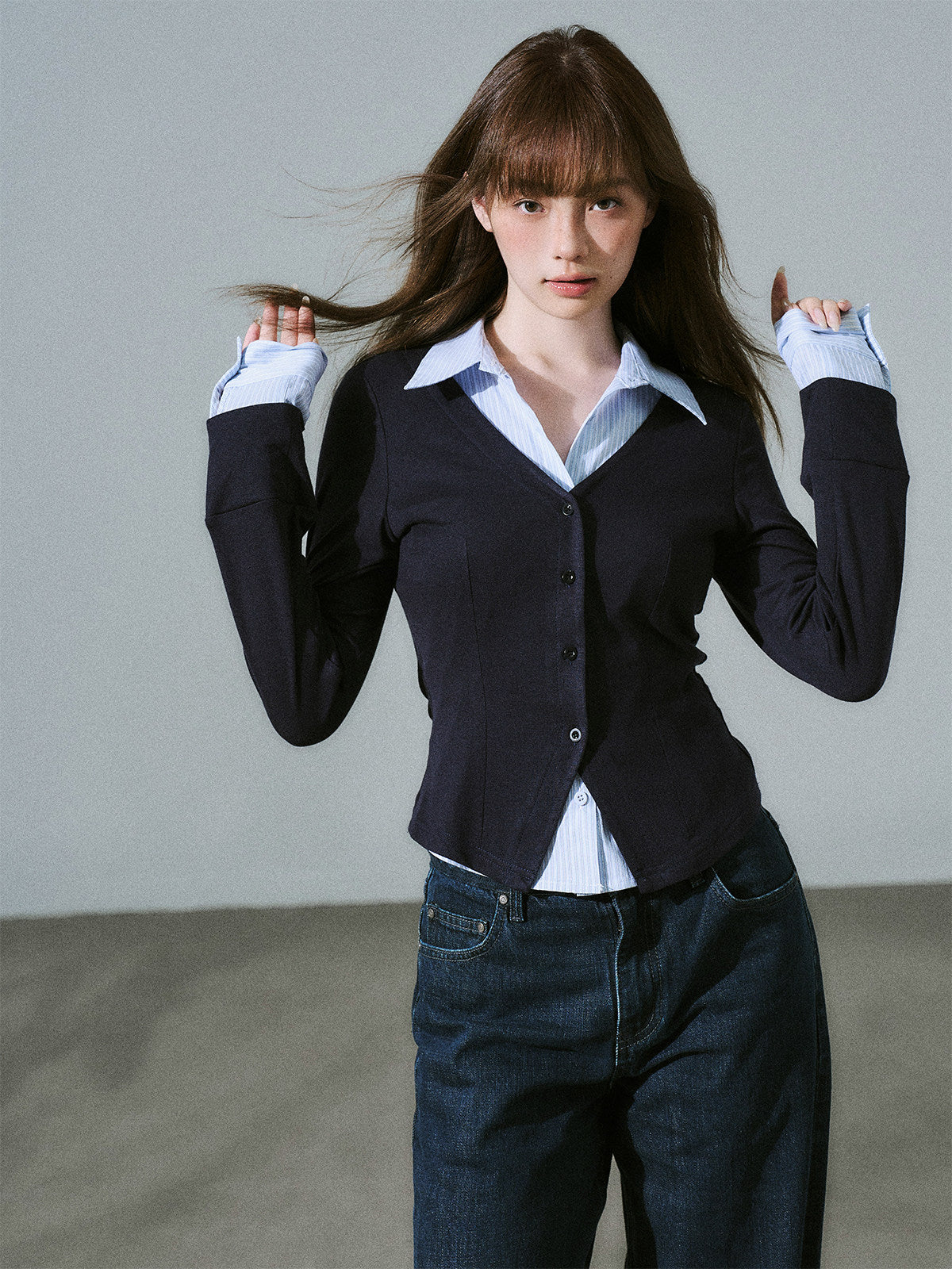 Layered Lyocell Wool Stripe Office Commuter Kinit Cardigan