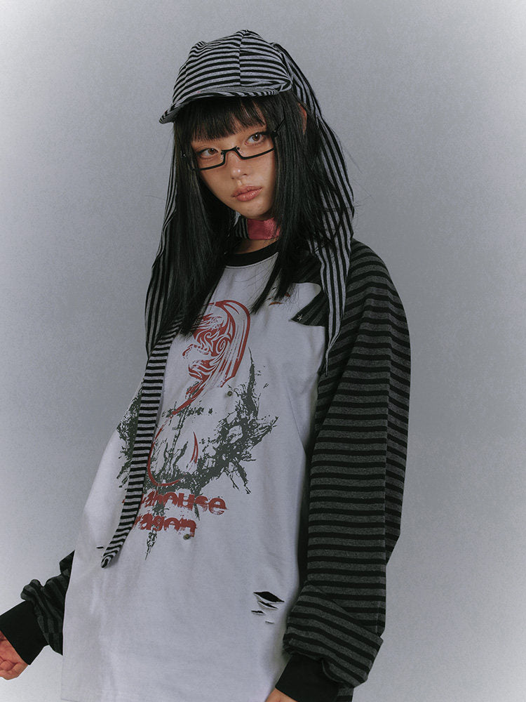 Raglan Stripe Damage Patchwork Long Sleeve T-Shirt