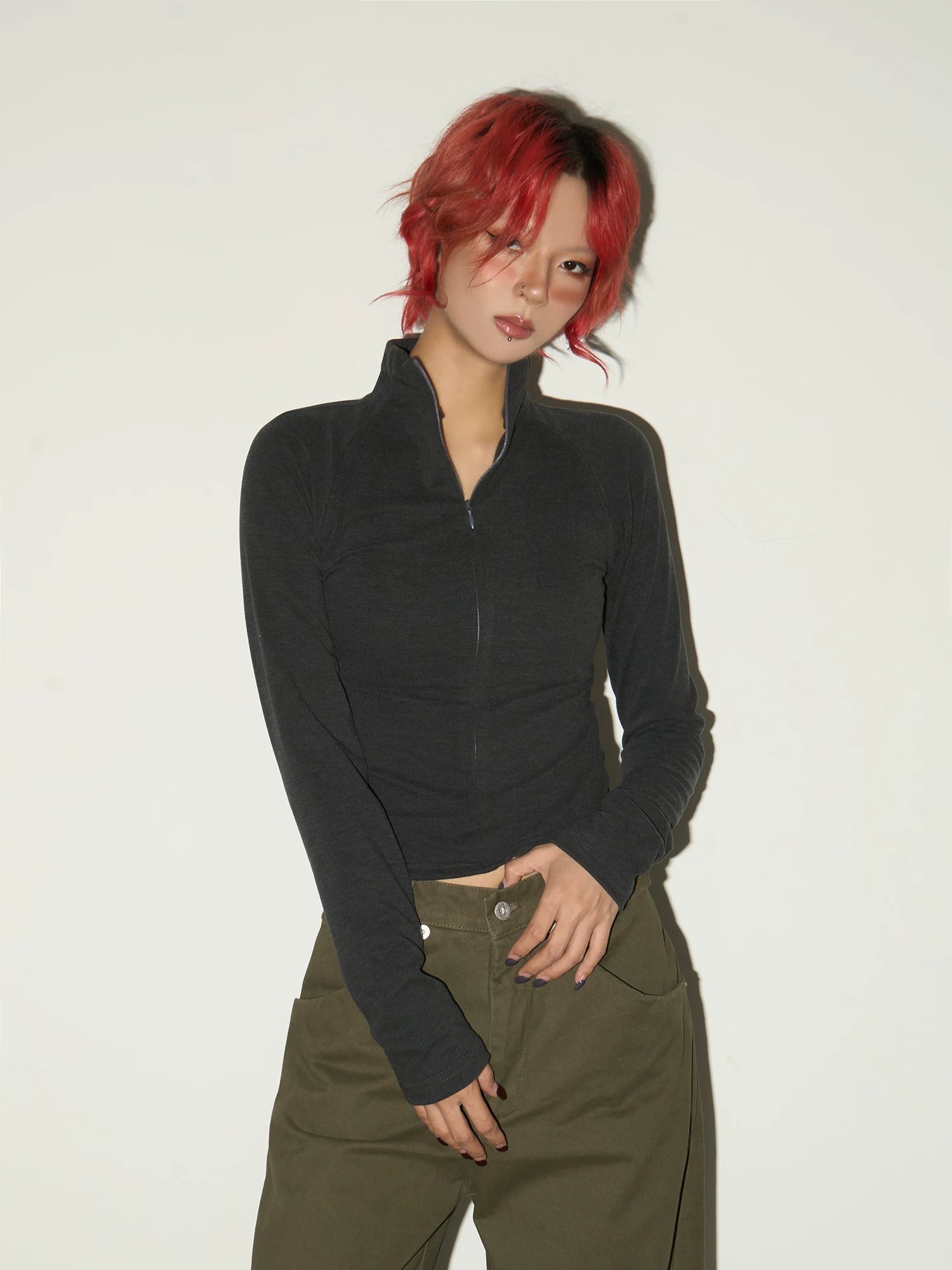 Half Zip Fitted Long Sleeve T-Shirt
