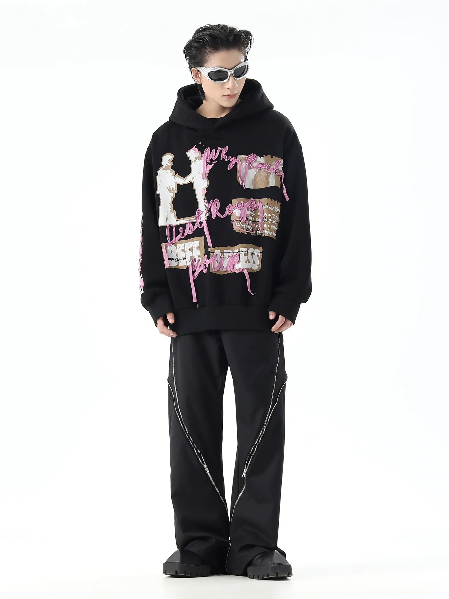 Felpa oversize con cappuccio e motivo a nastro