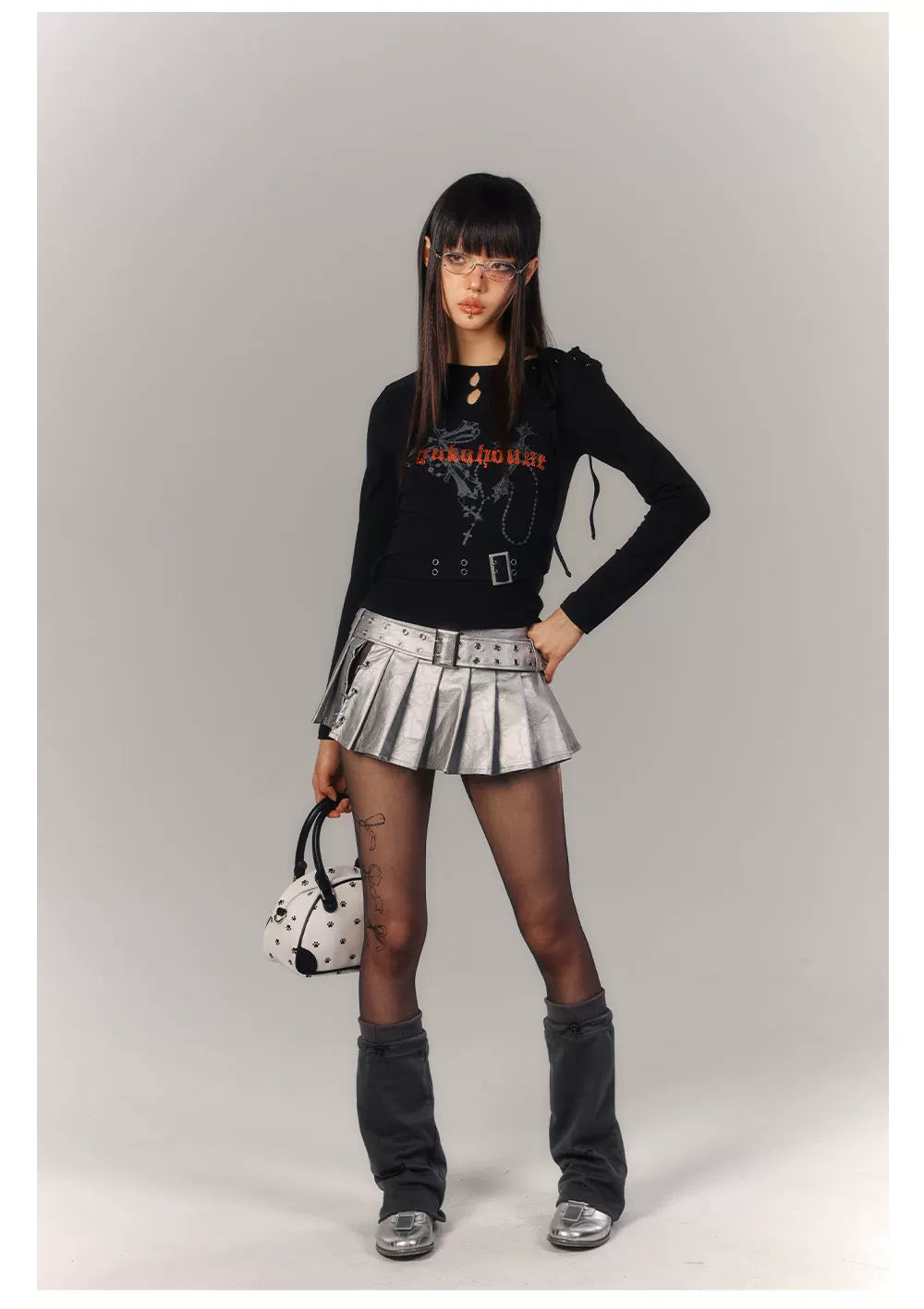 Cross Print Strap Buckle Cutout Long Sleeve T-Shirt