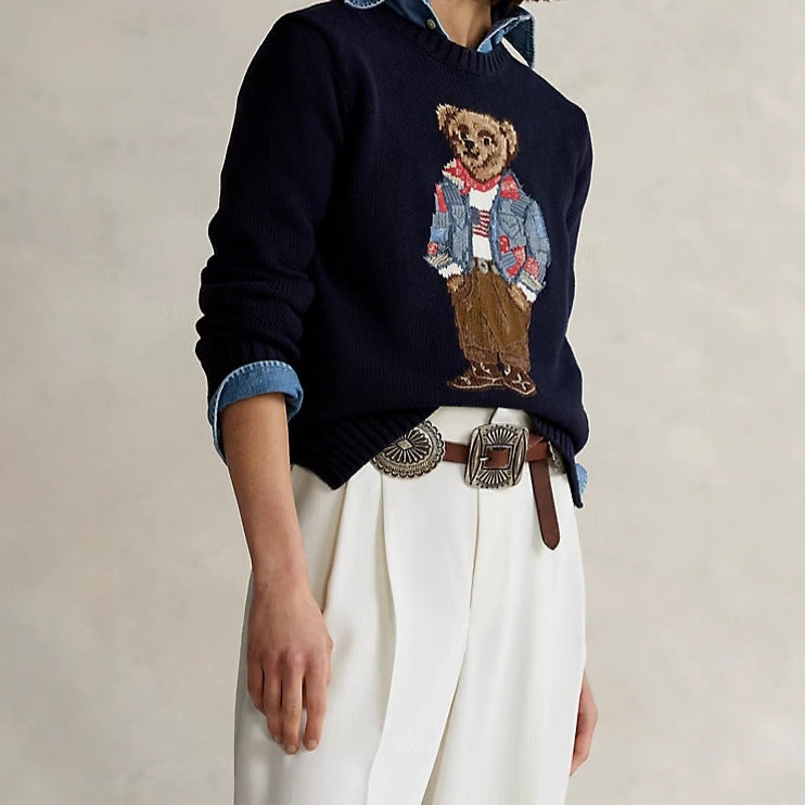 Schwerer Baumwollpullover mit Bärenmotiv und Rundhalsausschnitt