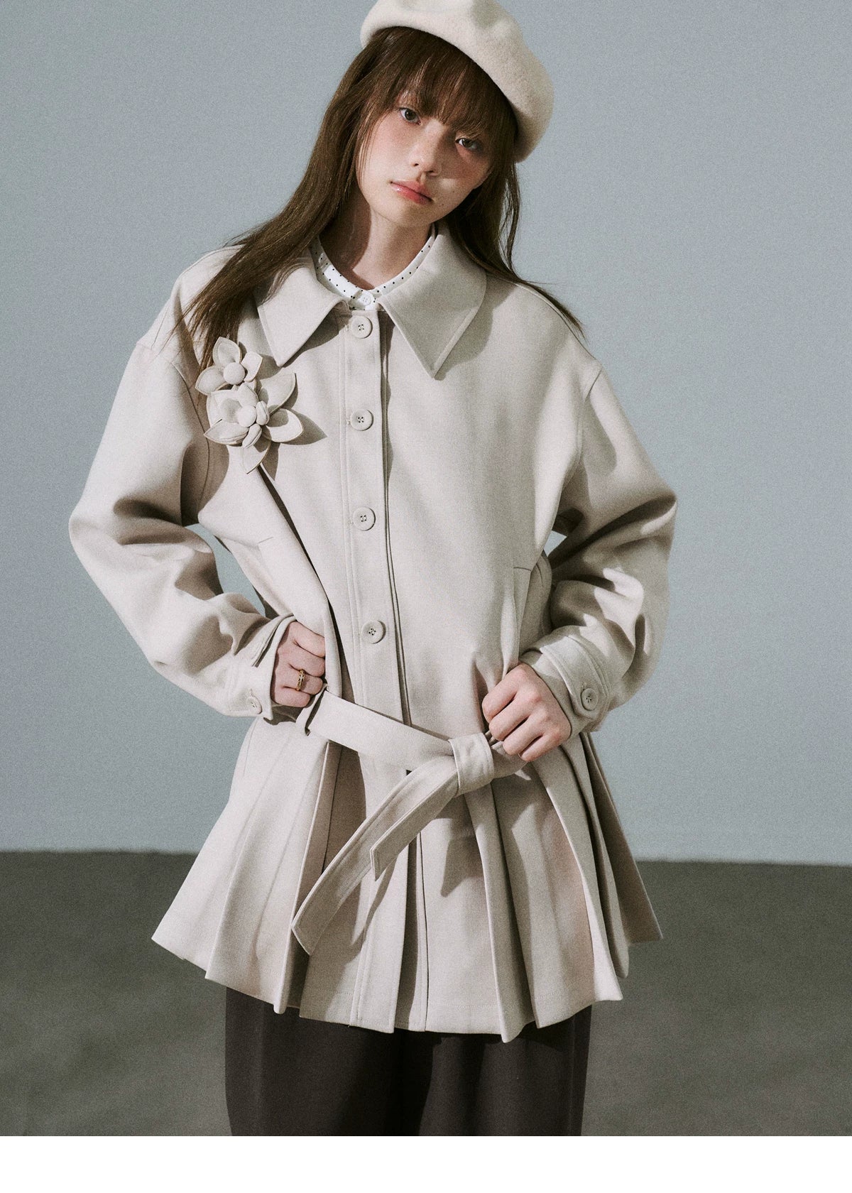 Flower Pleats Tencel Wool Trench Coat