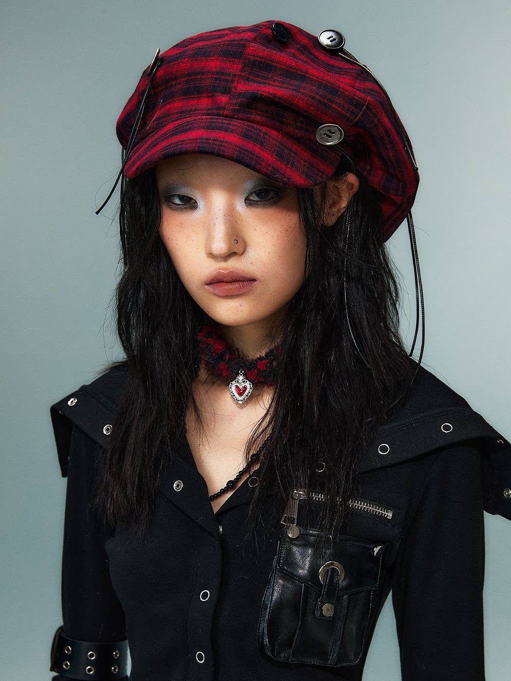Handcrafted Button Strap Red Plaid Beret Hat